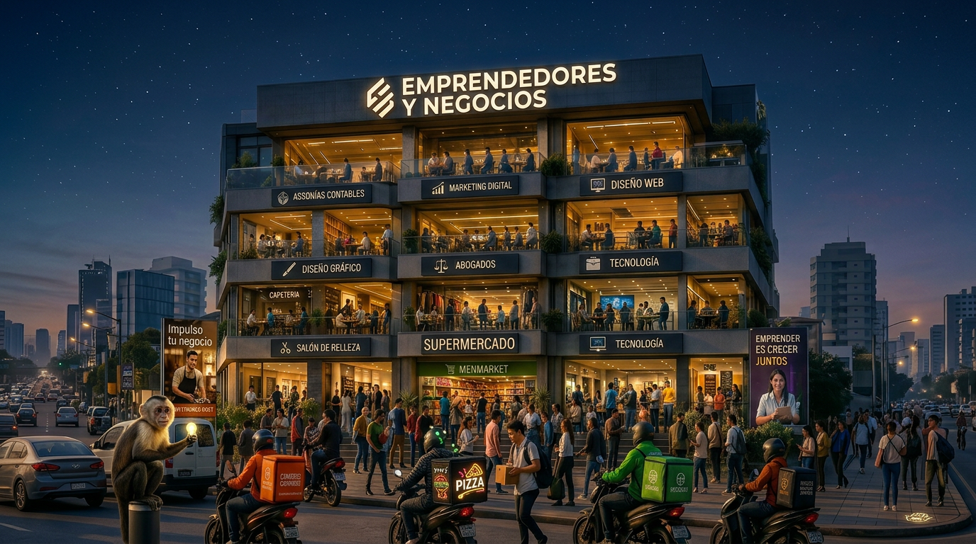 Ilustración de un edificio nocturno lleno de negocios de todo tipo —contabilidad, marketing, diseño, abogados, cafetería, salón de belleza, minimarket y más— que representan a los emprendedores que hoy necesitan su libro de reclamaciones.