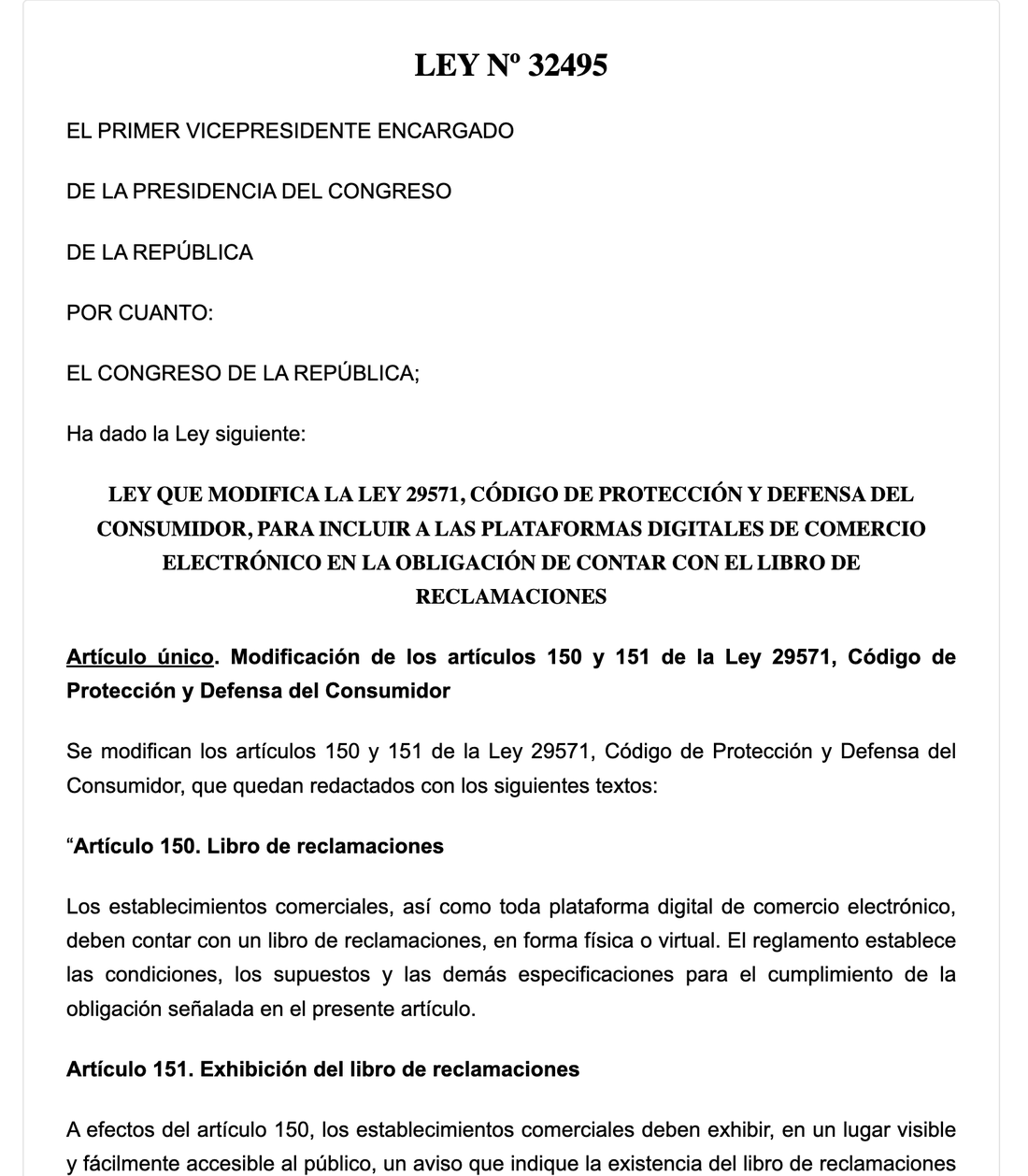Ley N.° 32495, publicada en El Peruano el 11/11/2025, que incluye a las plataformas digitales en la obligación del libro de reclamaciones