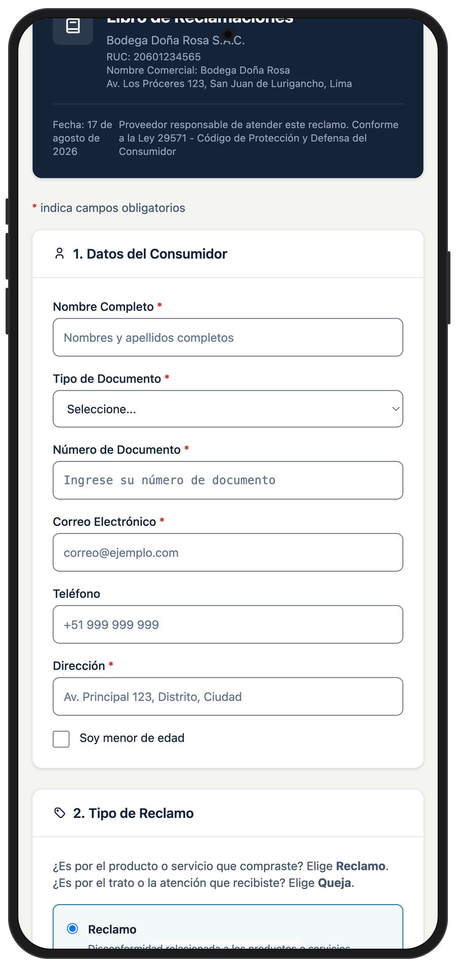 Formulario público del libro de reclamaciones visto en un celular